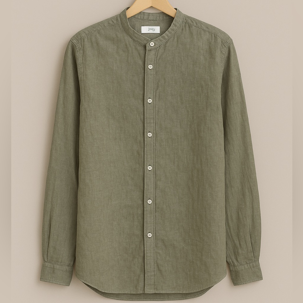 Mango Men's Olive Band-Collar Button-Down Shirt